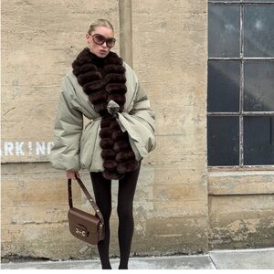 Sage Green Quilted Jacket with Brown Faux Fur Trim like helsa